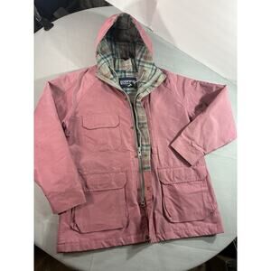 Vintage Lands’ End Hooded Jacket Womens Large Made In USA Plaid Lined Pink Parka
